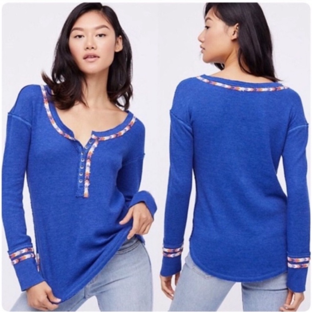 We The Free Royal Blue Long Sleeve with Patterned Accents